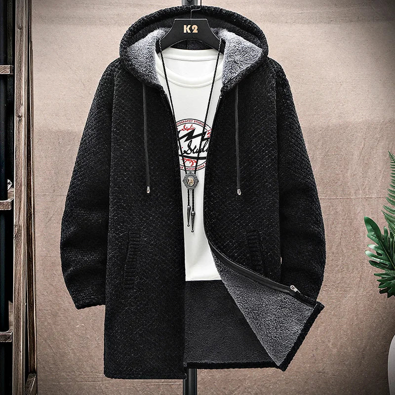 Black wool blend jacket, fleece-lined zip-up, front view