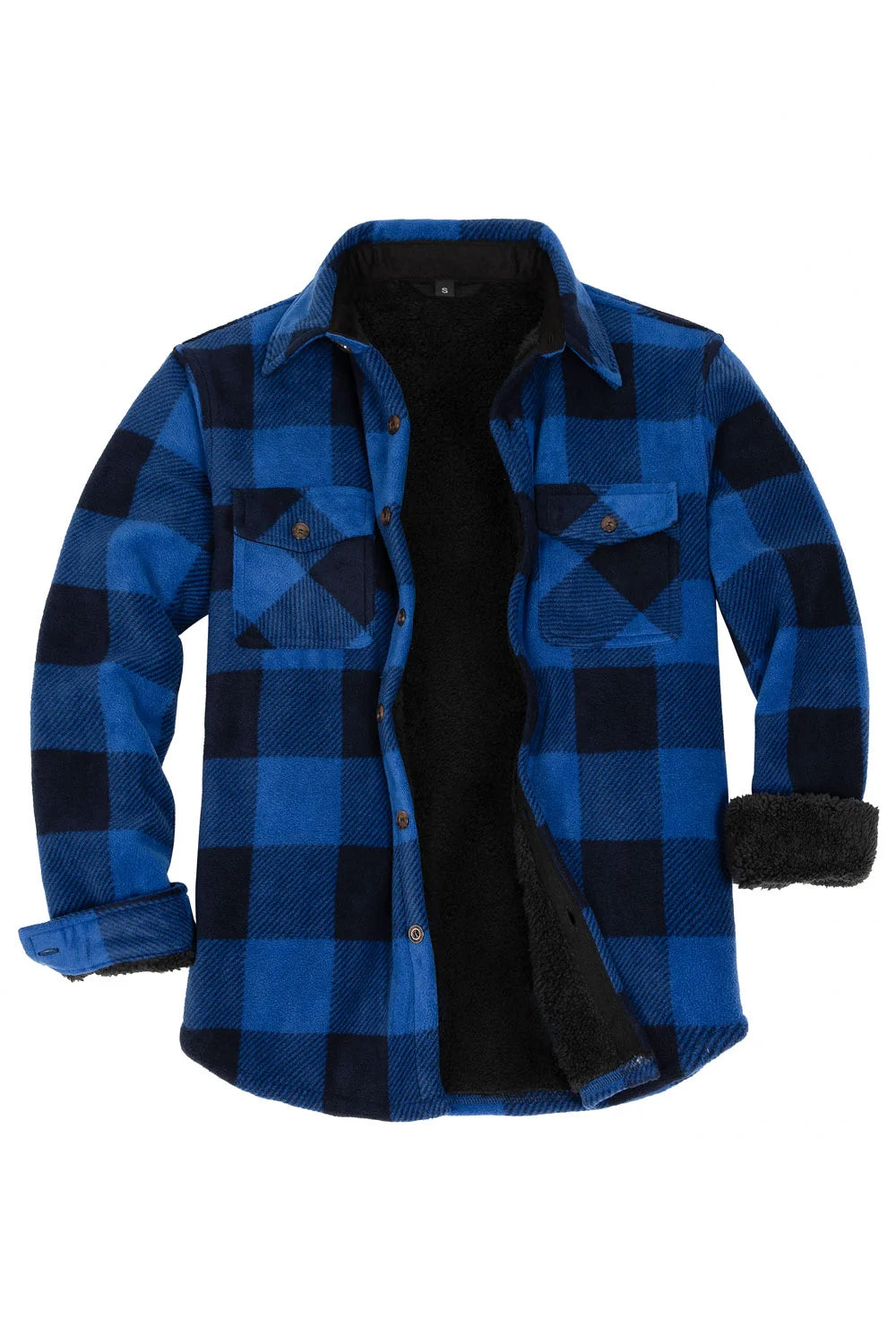 Plaid shirt jacket in Buffalo Blue Black, sherpa-lined with four pockets and button front.