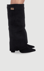 Elegant black suede-look boots with gold accents.