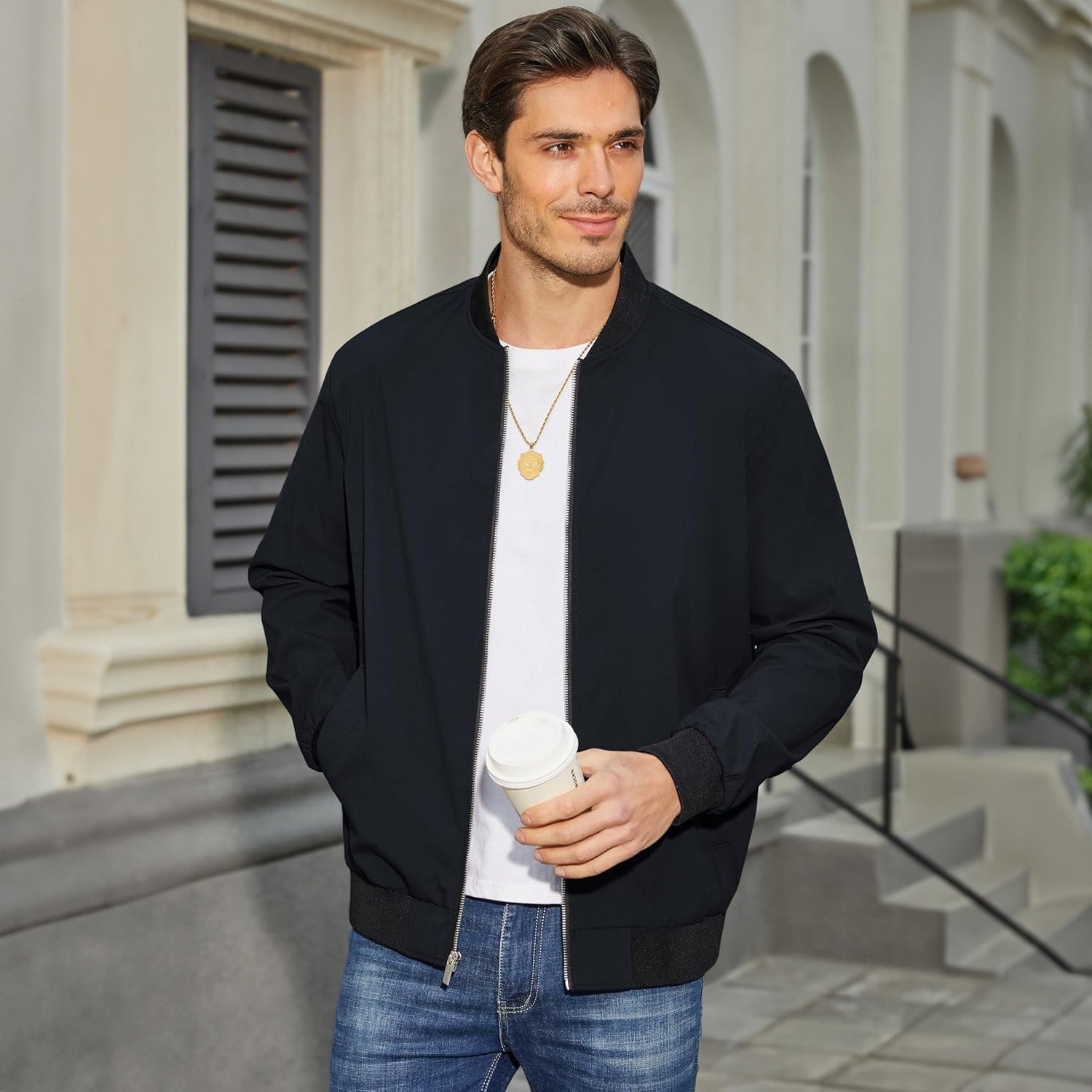 Bomber jacket windbreaker in Dark Grey, ribbed collar and cuffs with full zip front.