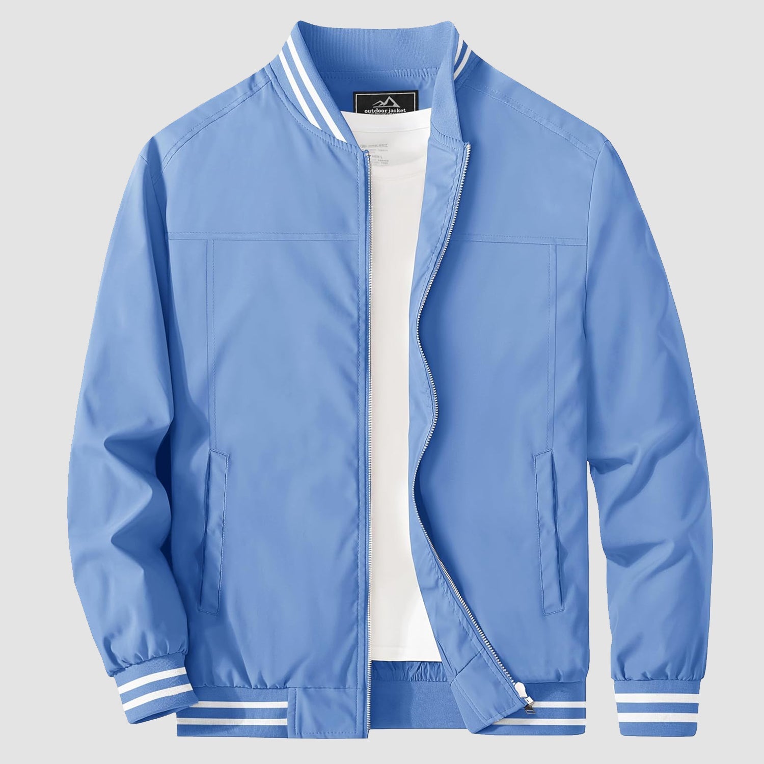 Lightweight bomber jacket windbreaker in white with rib-knit collar and full metal zip.