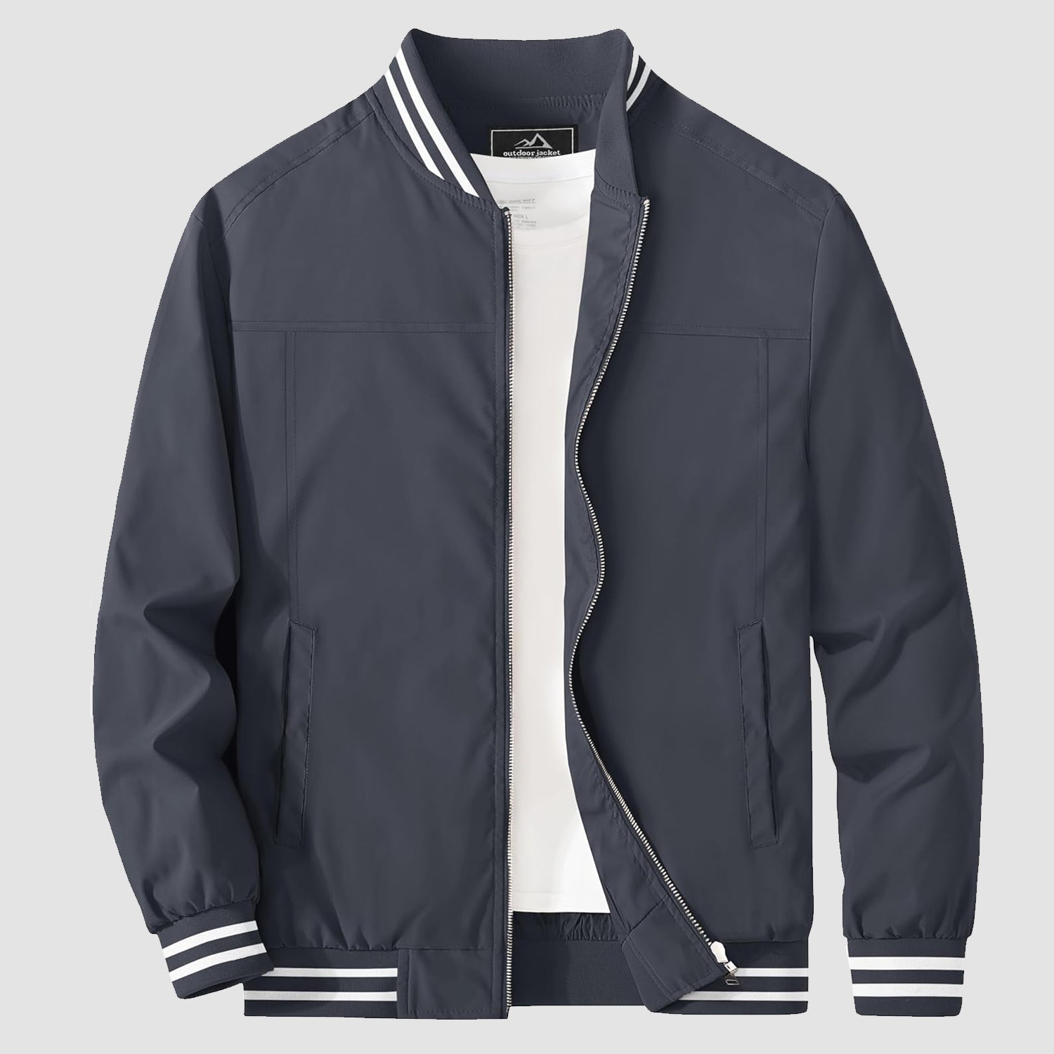 Lightweight bomber jacket windbreaker in brown with rib-knit collar and full metal zip.