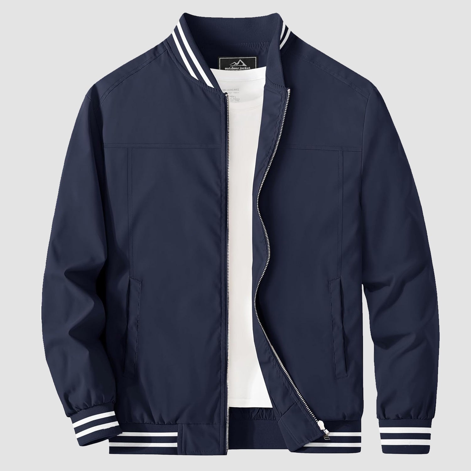 Lightweight bomber jacket windbreaker in sapphire blue with rib-knit collar and full metal zip.