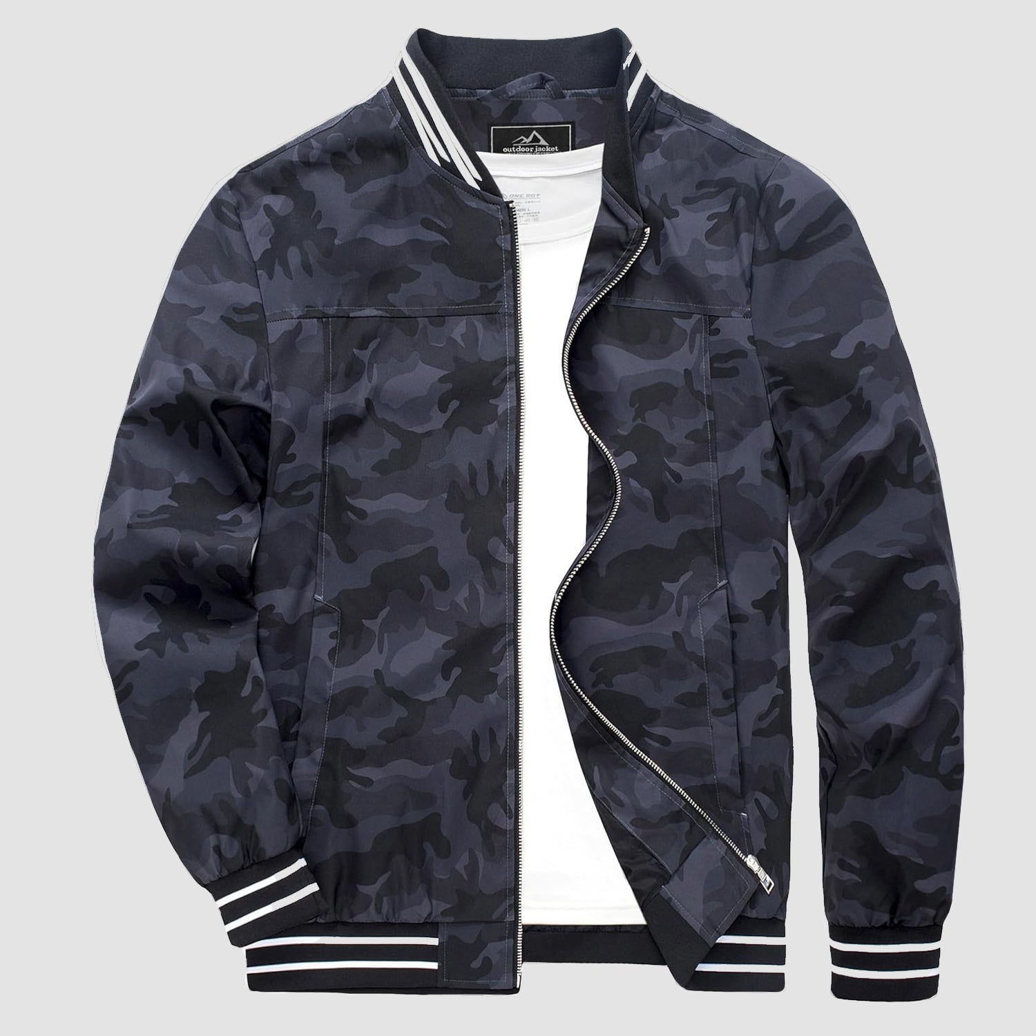 Lightweight bomber jacket windbreaker in dark orange with rib-knit collar and full metal zip.