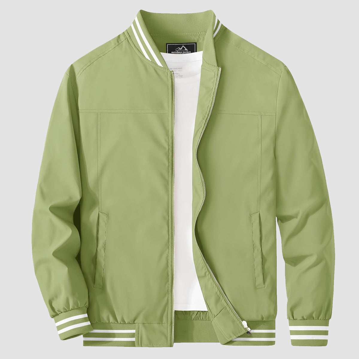 Lightweight bomber jacket windbreaker, close-up of the rib-knit collar and metal zip pull.