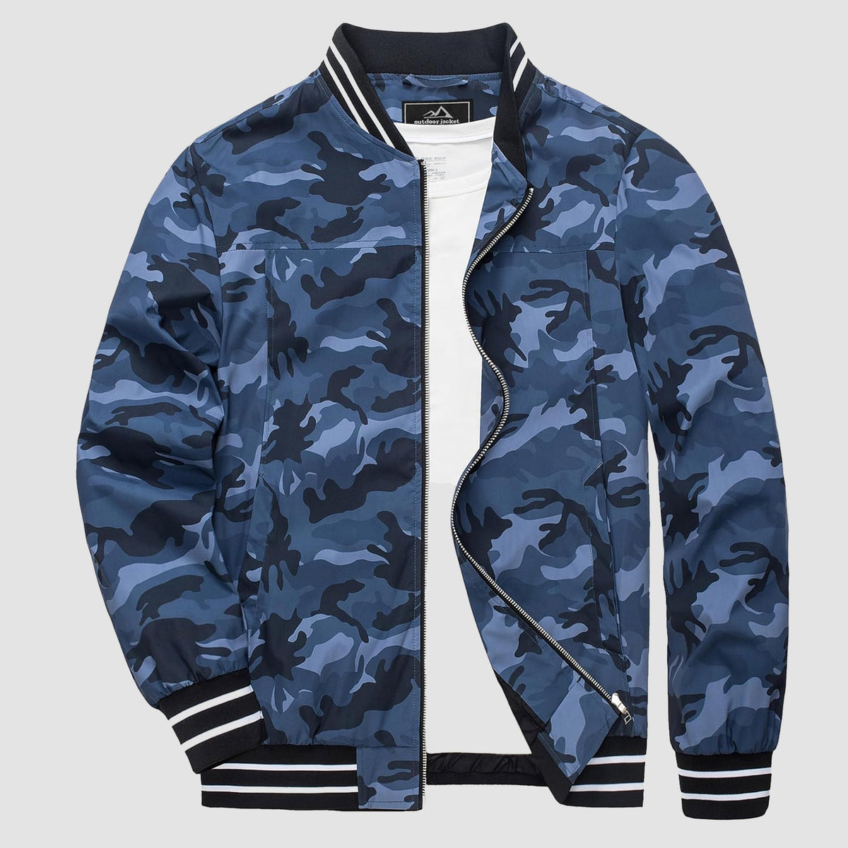 Lightweight bomber jacket windbreaker in black camo with rib-knit collar and full metal zip.