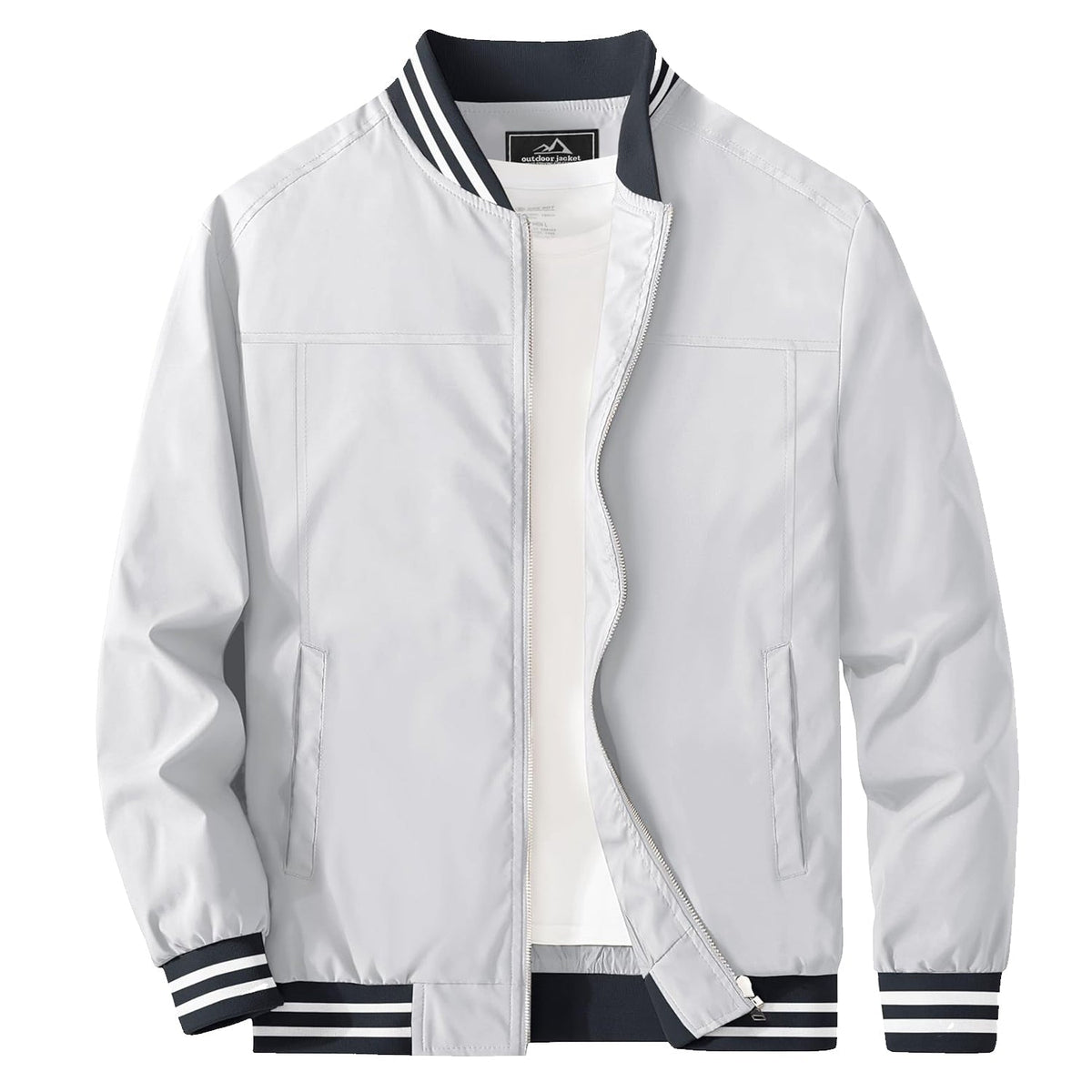 Lightweight bomber jacket windbreaker in khaki with rib-knit collar and full metal zip.