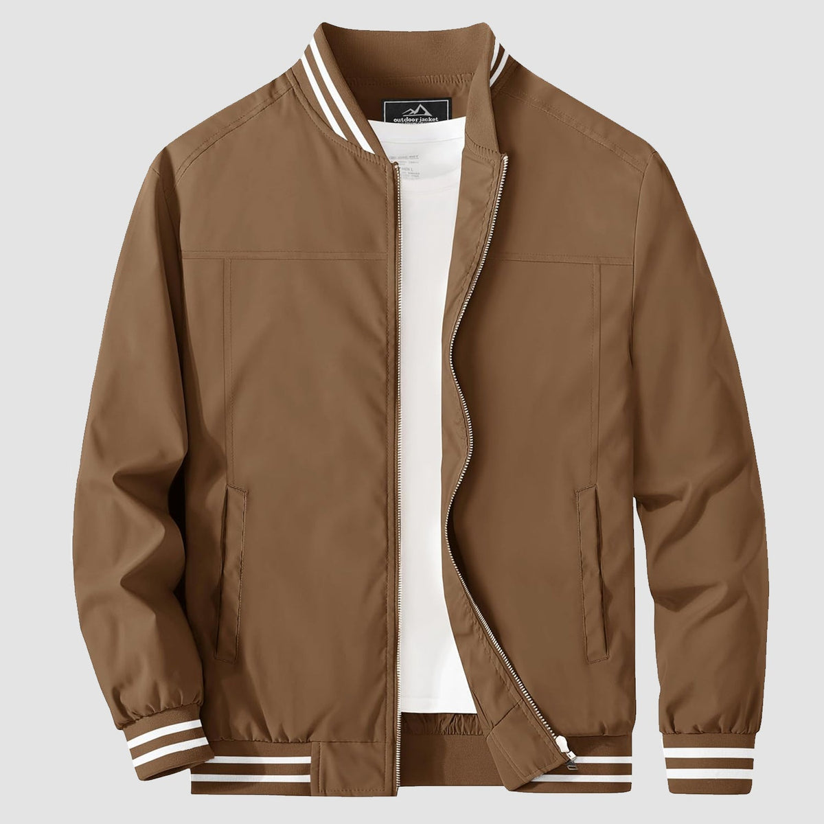 Lightweight bomber jacket windbreaker in olive with rib-knit collar and full metal zip.