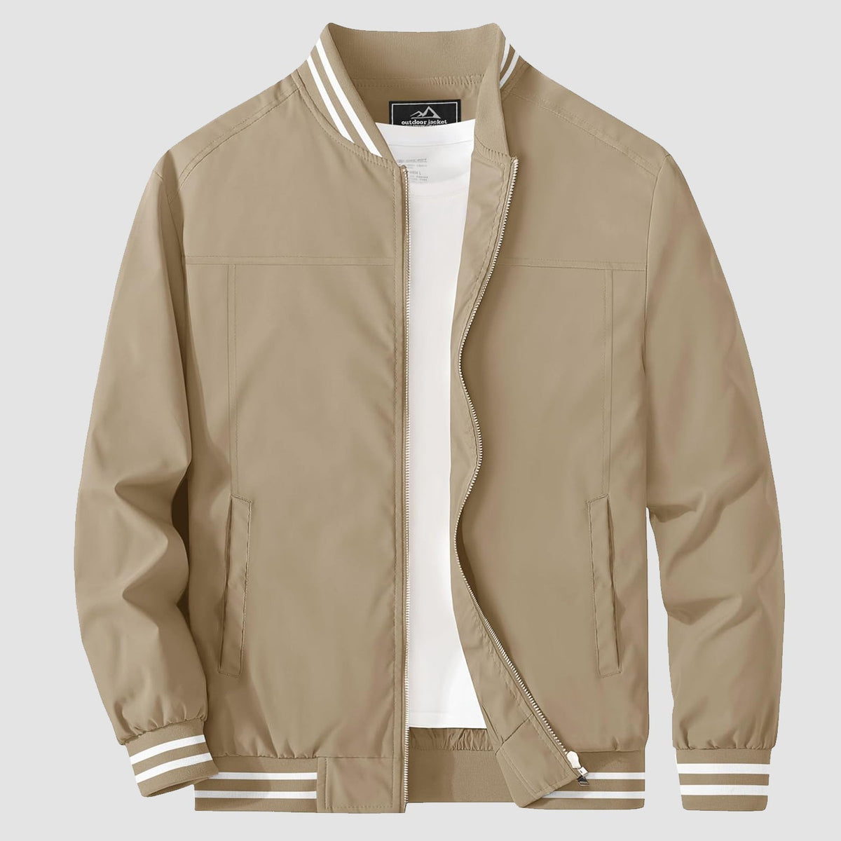Lightweight bomber jacket windbreaker in green camo with rib-knit collar and full metal zip.