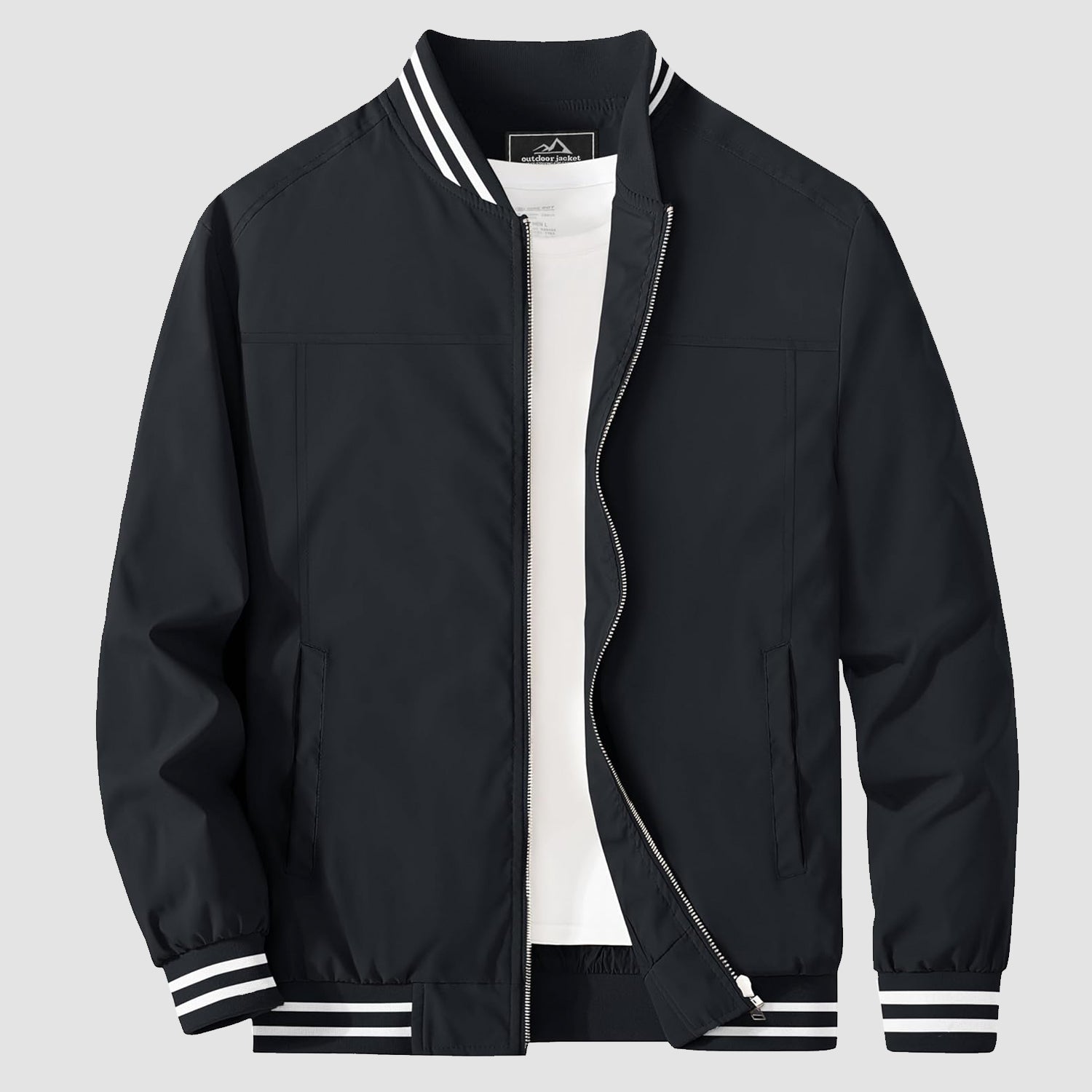 Lightweight bomber jacket windbreaker in black with rib-knit collar and full metal zip.