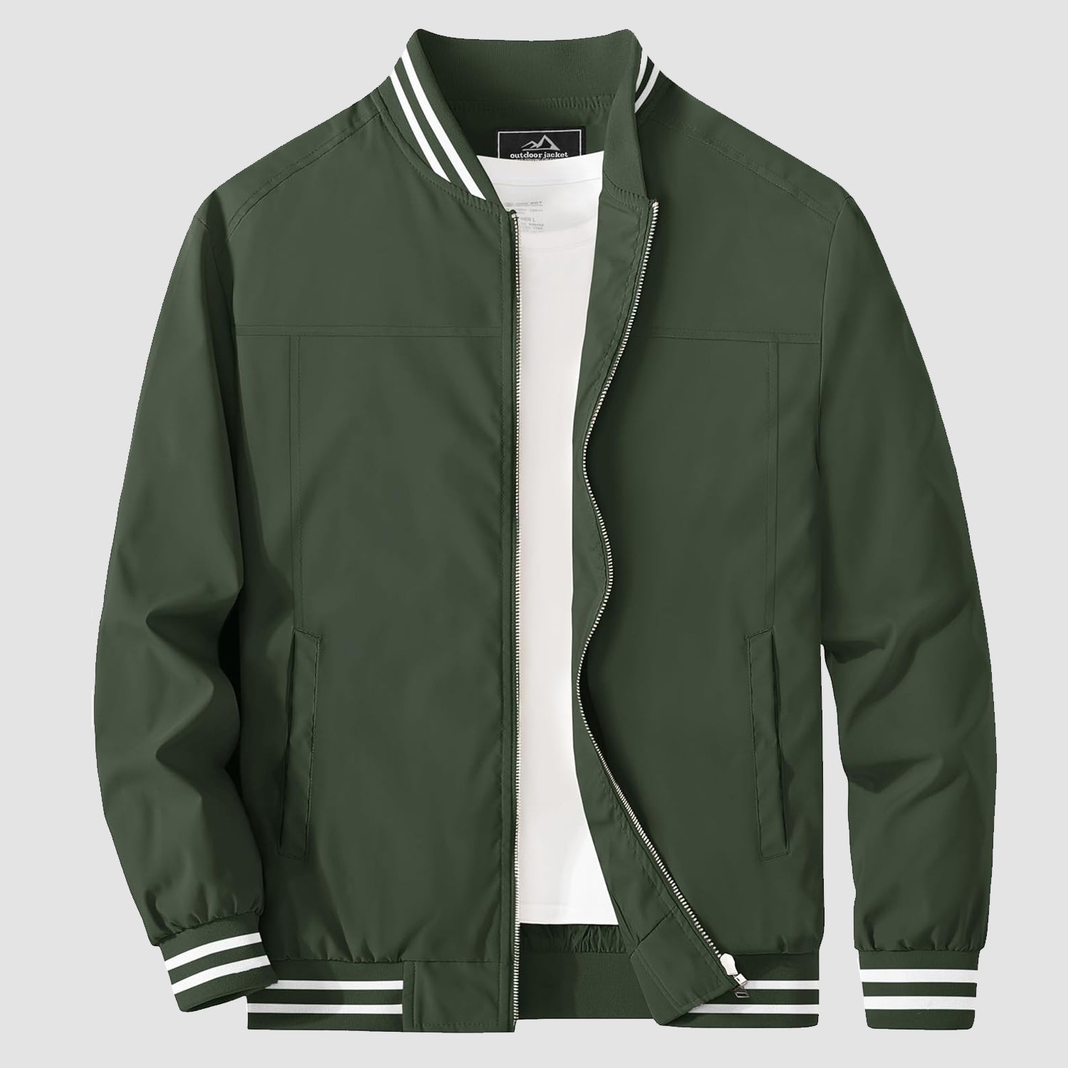 Lightweight bomber jacket windbreaker in light grey with rib-knit collar and full metal zip.