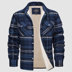 Flannel shirt jacket in blue grey plaid, sherpa-lined, front view