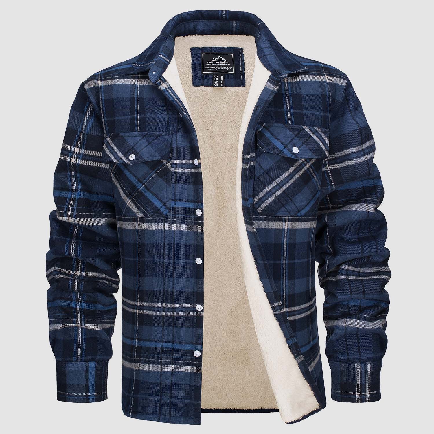 Flannel shirt jacket in blue grey plaid, sherpa-lined, front view