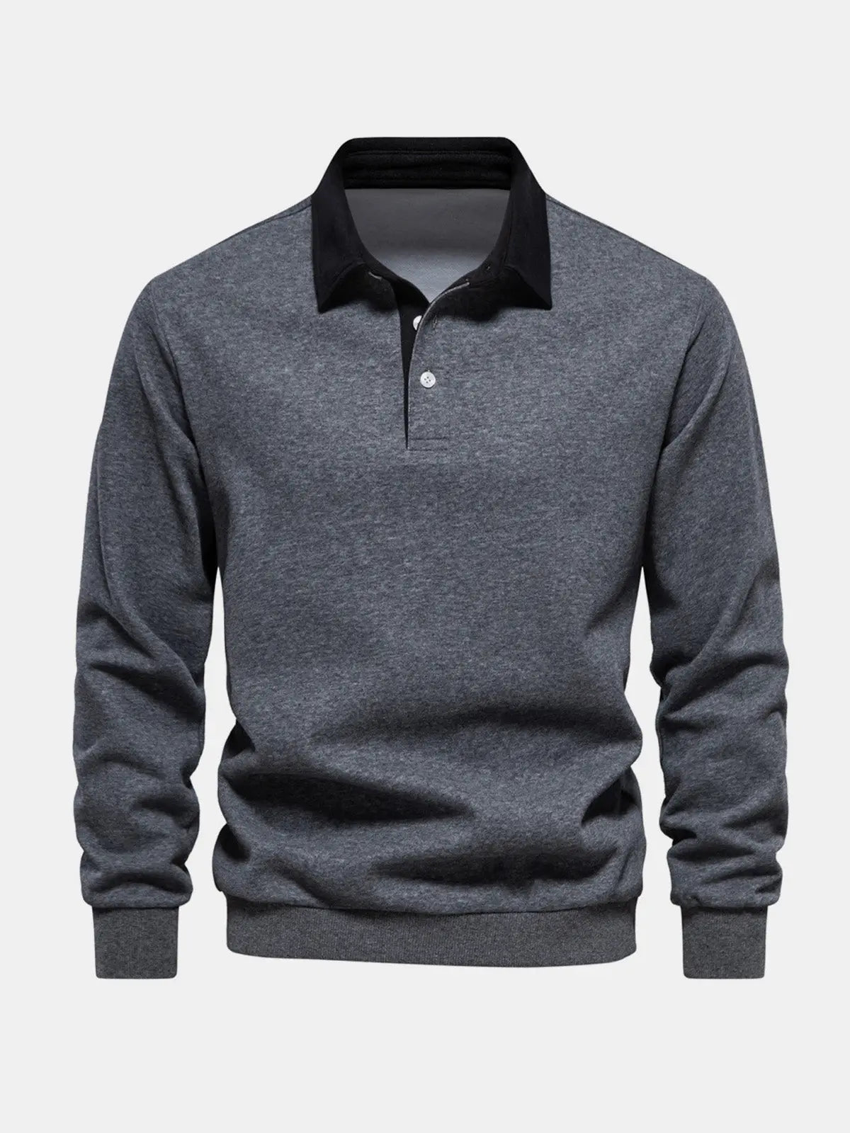 Gray polo collar sweatshirt with button placket, long sleeve, front view