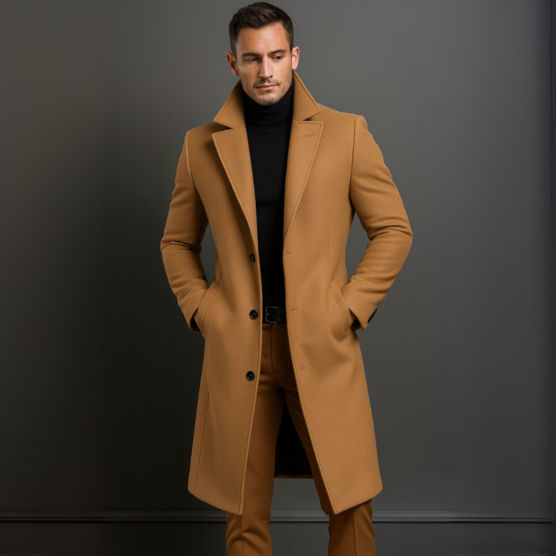 Tailored longline wool coat in brown, front view showing the classic fitted silhouette