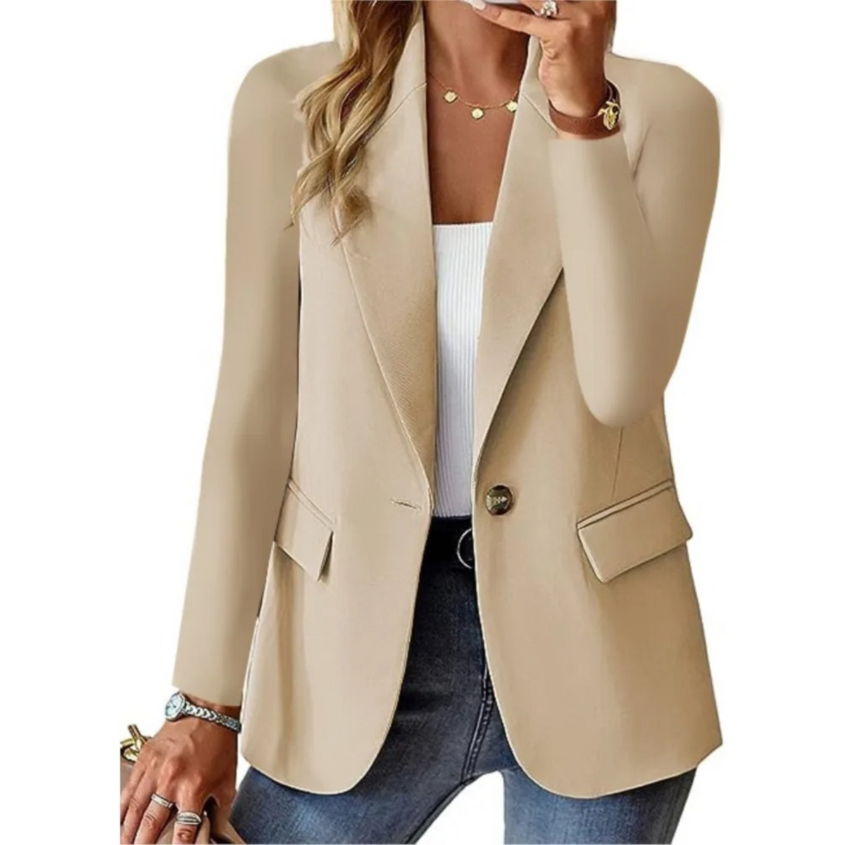 Tailored blazer with one-button closure and waisted fit in light brown