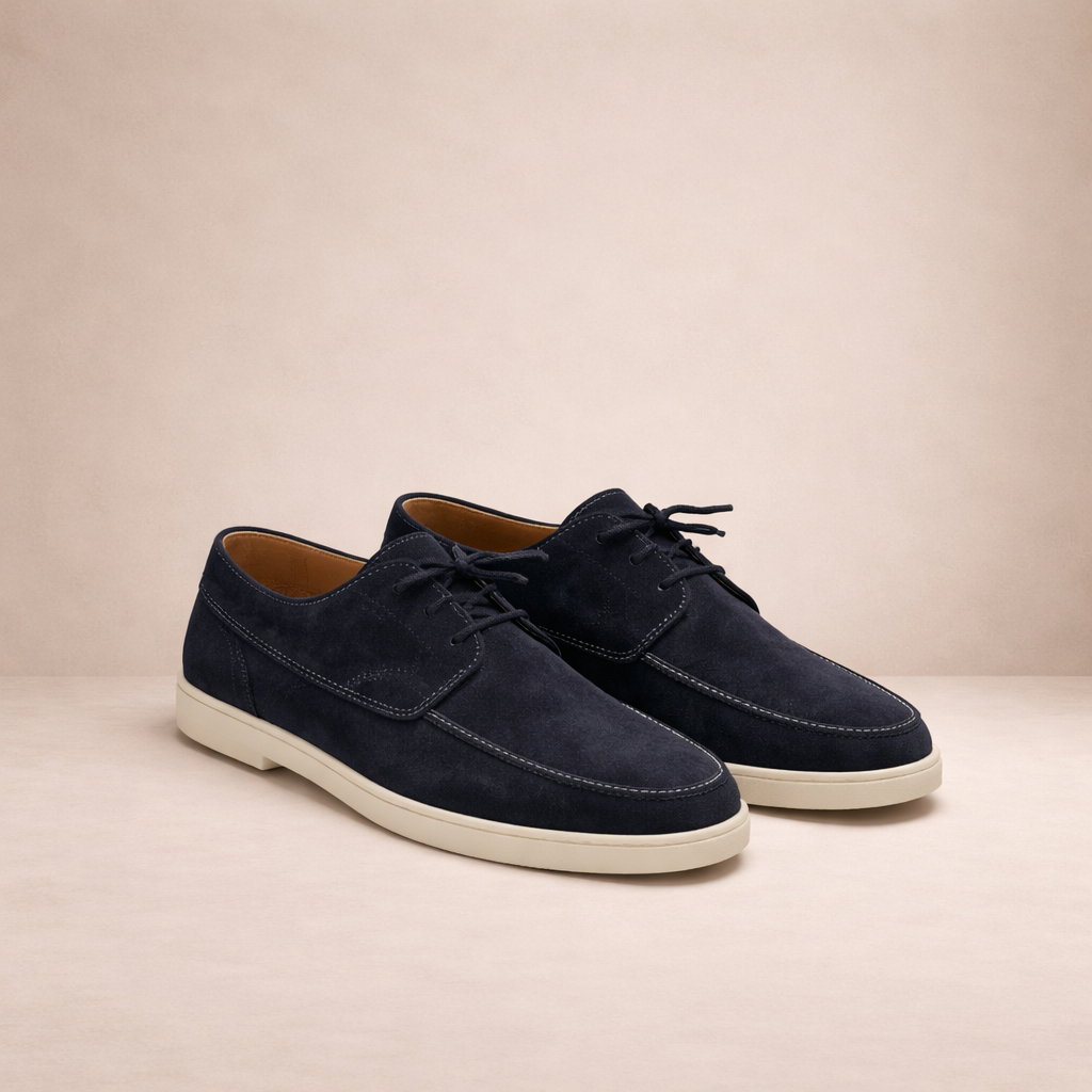 Suede-look lace-up loafers in black, closed toe, side view.