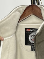 Fleece jacket high collar outdoor in navy, red, khaki, grey and black, collar and neckline detail.