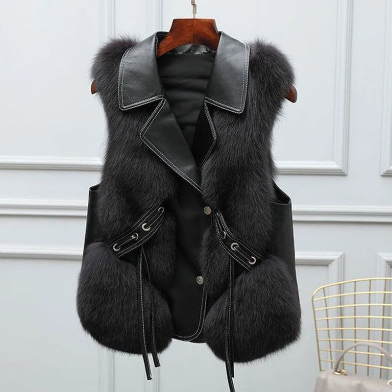 Midnight black faux-fur gilet with oversized lapel, front view