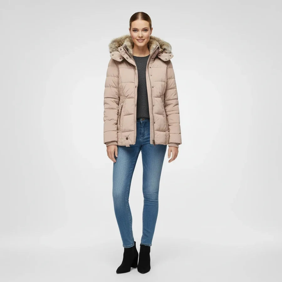 Fitted Fur-Hood Jacket Quilted Puffer