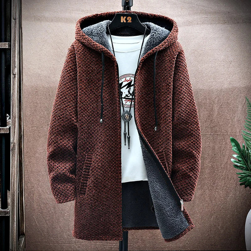 Brown wool blend jacket, fleece-lined zip-up, front view