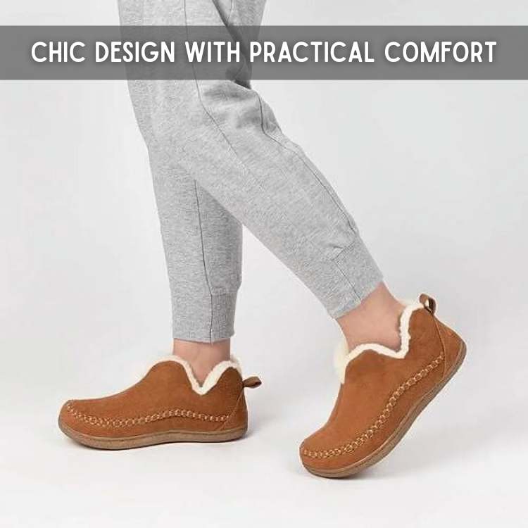 Orthopedic fleece shoes shown worn indoors for warm all-day comfort