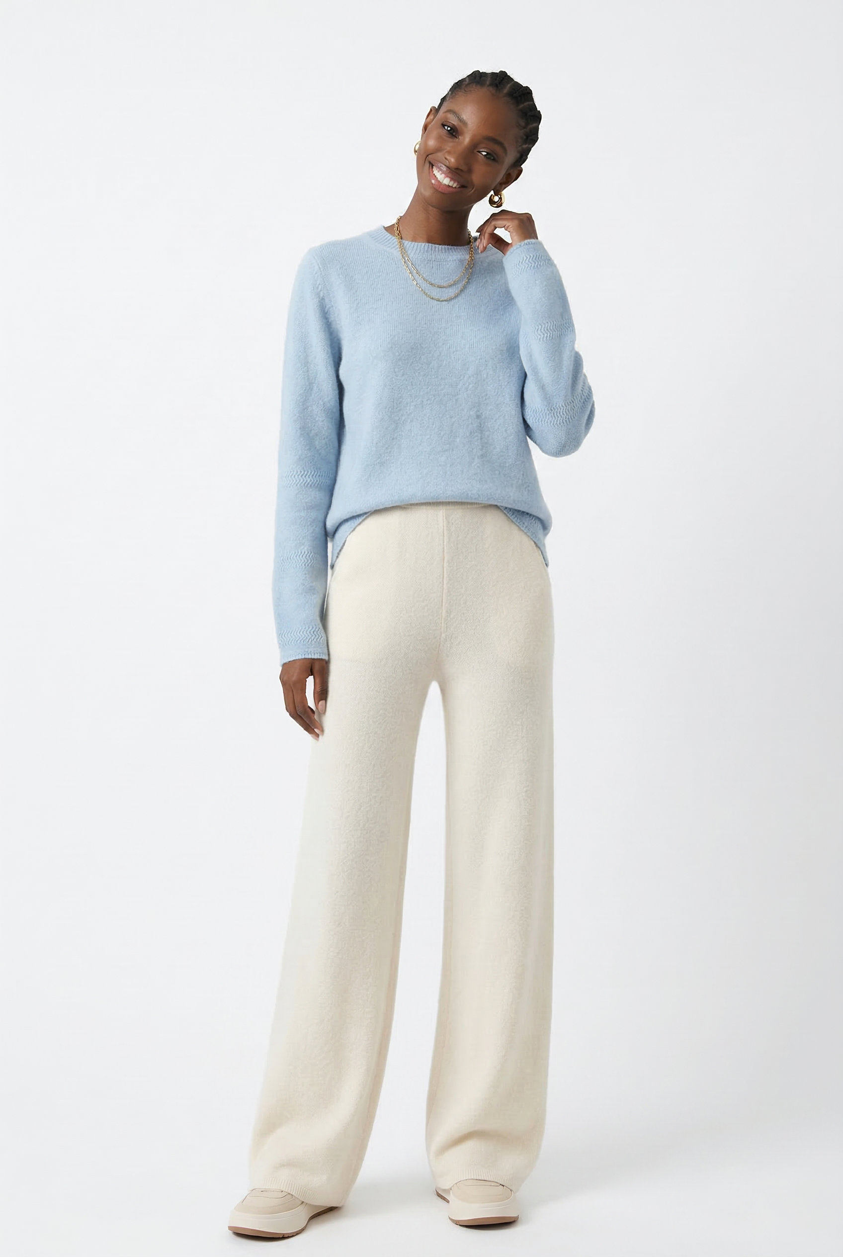 High-waist wide-leg merino sweatpants in ivory.