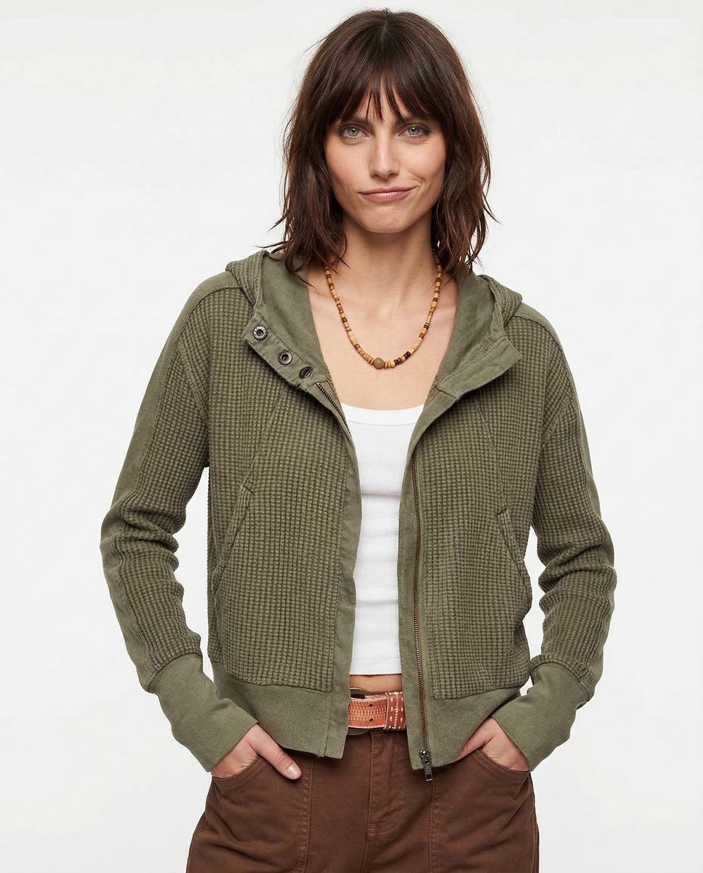 Cropped waffle-knit zip hoodie.