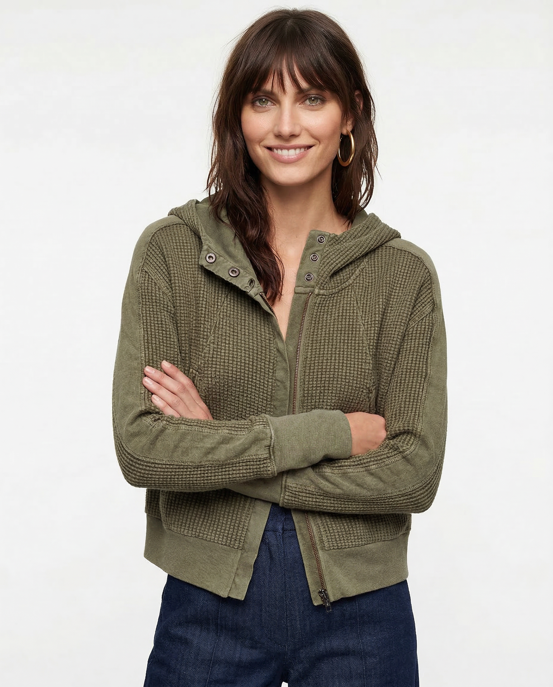 Cropped Hoodie Waffle-Knit Zip