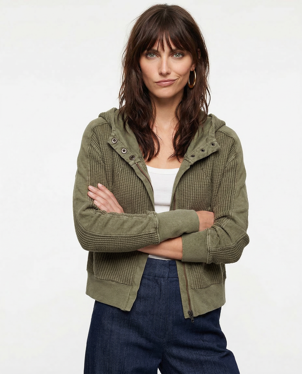 Cropped Hoodie Waffle-Knit Zip