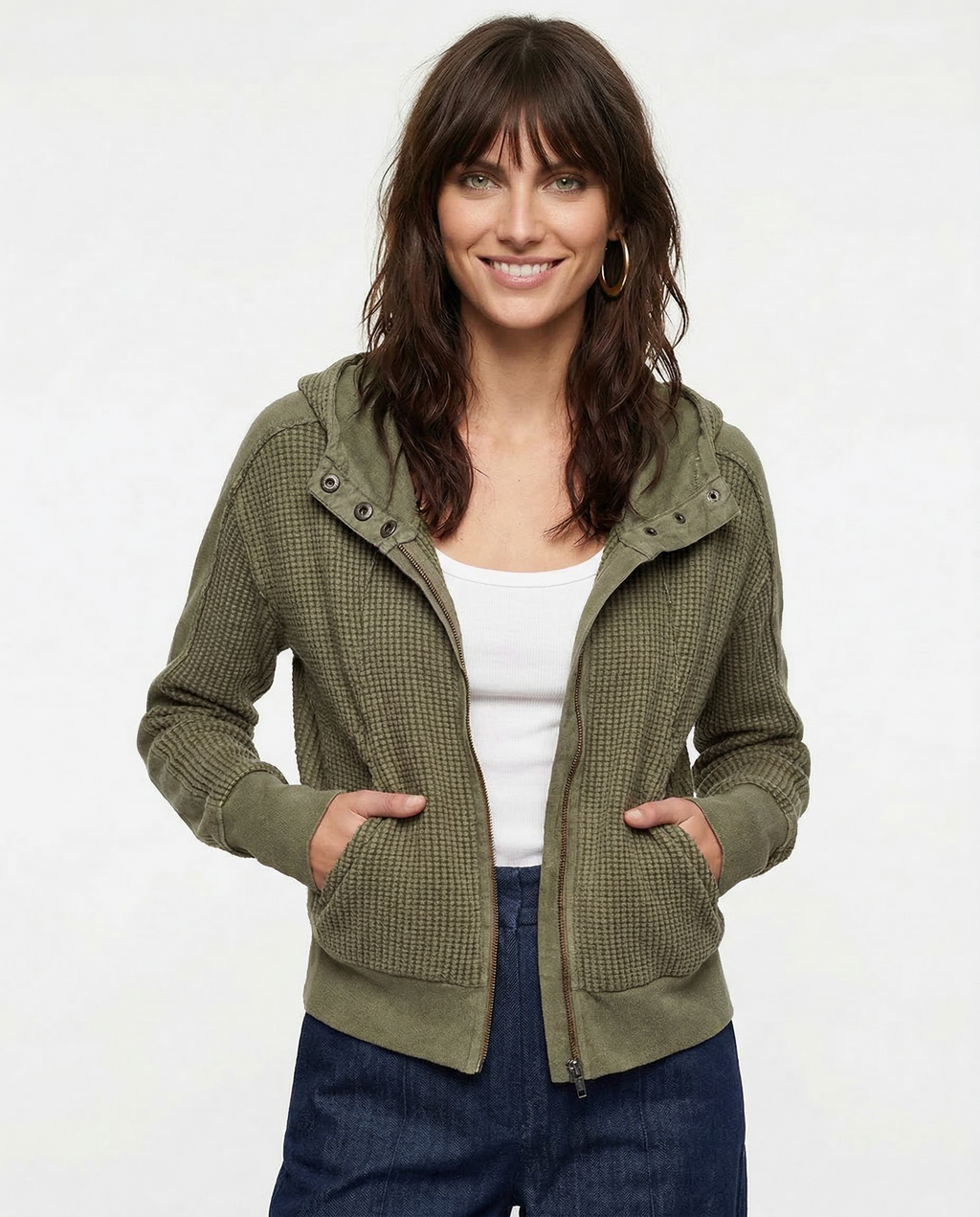 Cropped Hoodie Waffle-Knit Zip