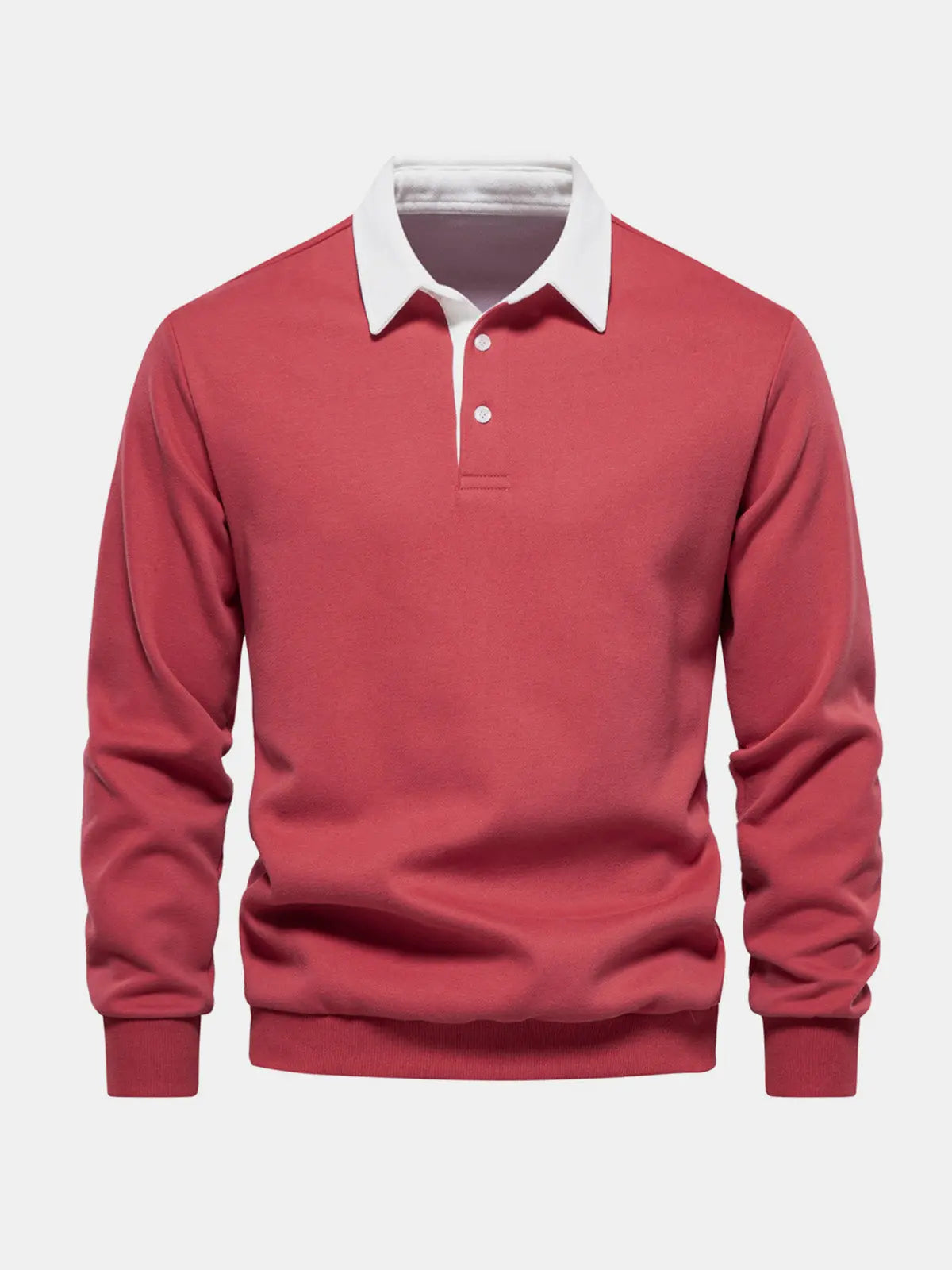 Red polo collar sweatshirt with button placket, long sleeve, front view