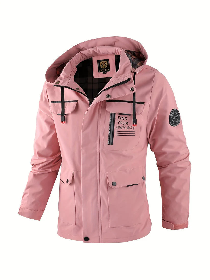 Waterproof winter jacket with hood detail, close-up