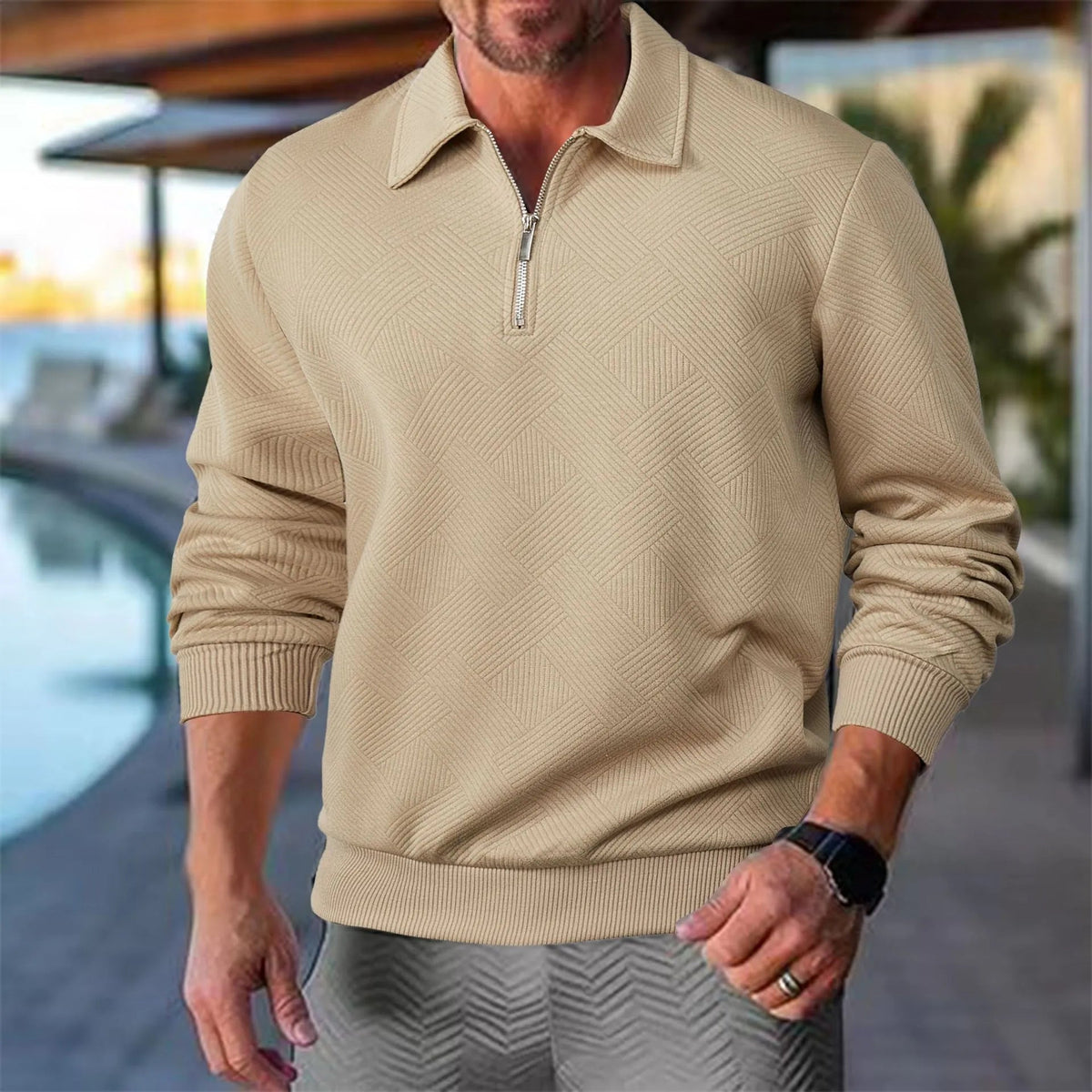 Quarter zip sweater with geometric print knit and stand collar, gallery view 11