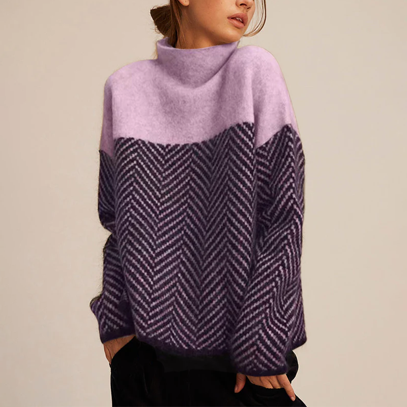 Chevron knit turtleneck sweater in lilac with a relaxed fit and high collar, front view.