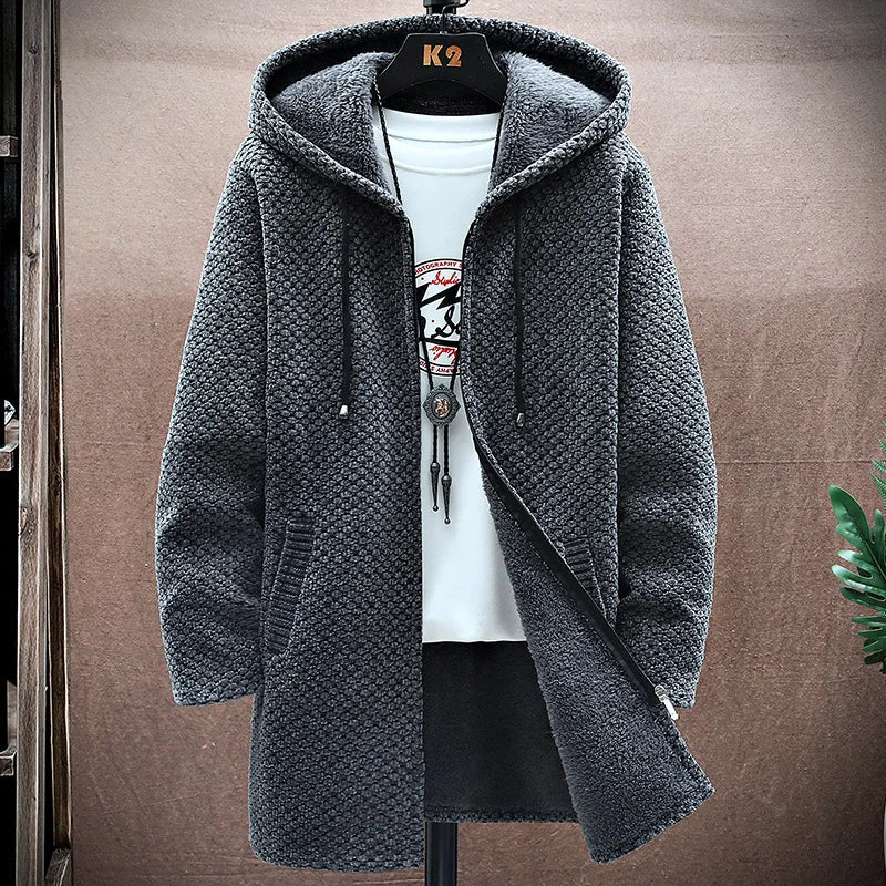 Grey wool blend jacket, soft knit zip-up, front view