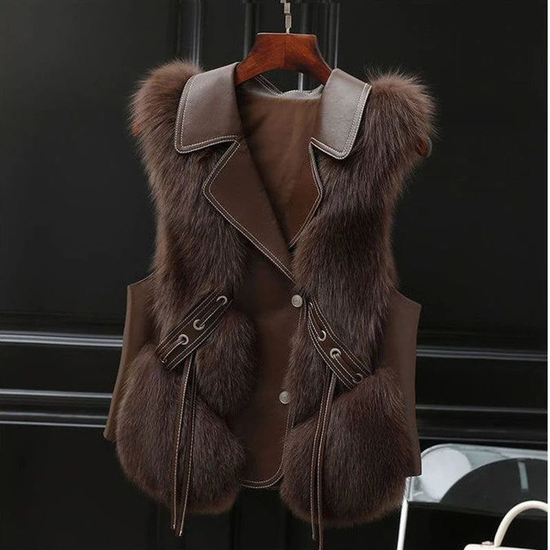 Espresso deep brown faux-fur gilet with belted waist, front view