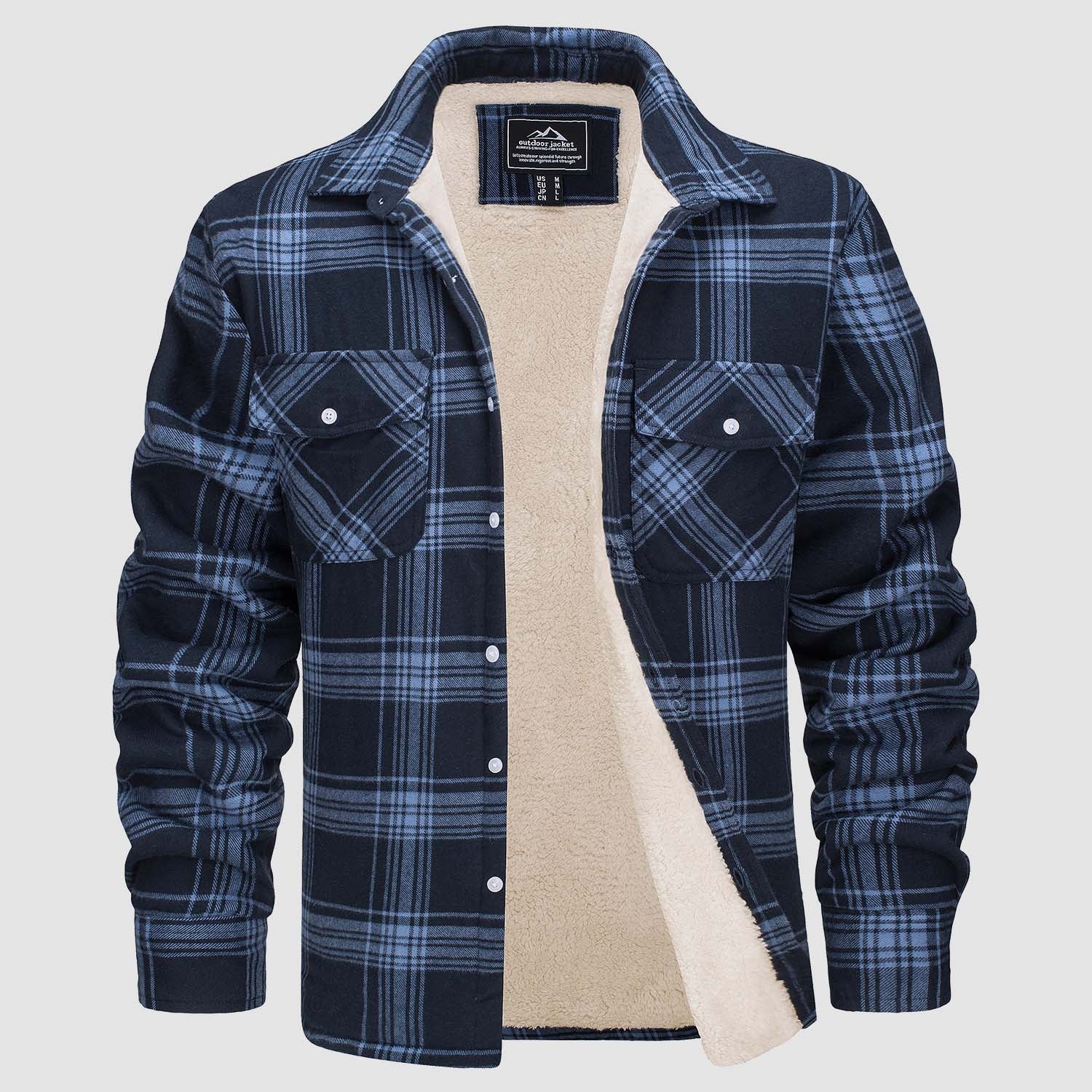 Sherpa-lined plaid flannel shirt jacket, detail view