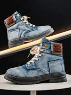 Washed denim lace-up boots with chunky anti-slip rubber sole, angled view