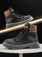 Denim boots with padded collar and cushioned insole, back view