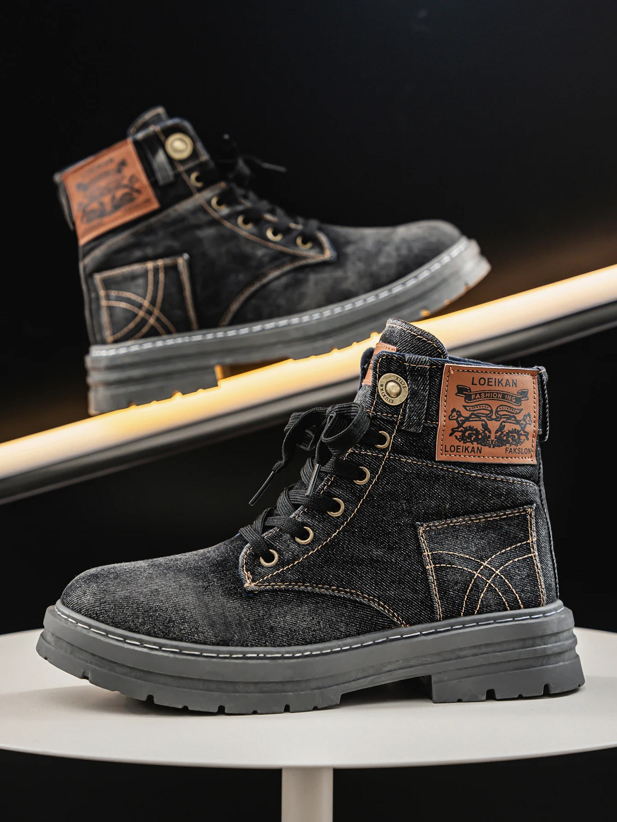 Denim boots with padded collar and cushioned insole, back view