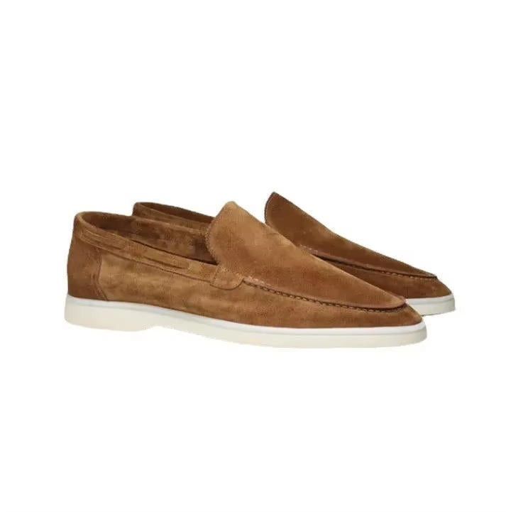 Suede yacht loafers in brown, slip-on style with a non-slip yacht sole, side view.