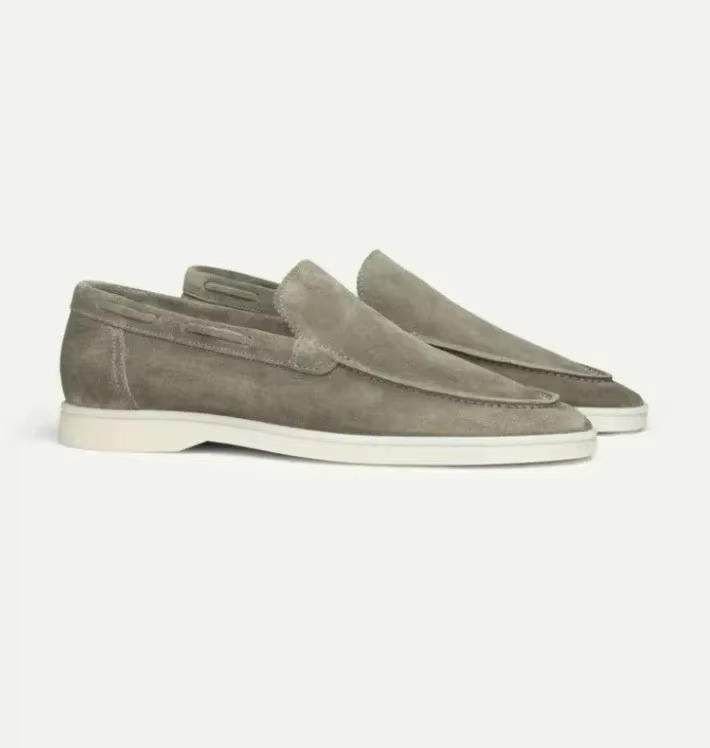Suede yacht loafers in olive gray, slip-on style with a padded collar, side view.