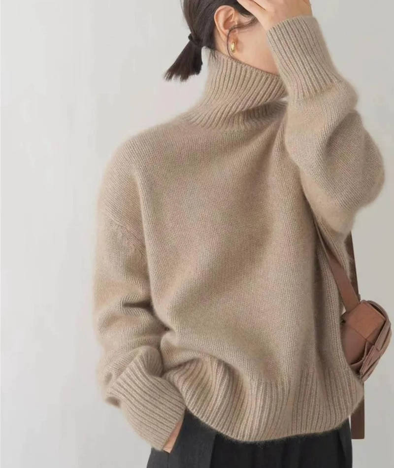 Beige soft knit turtleneck sweater with loose fit, front view