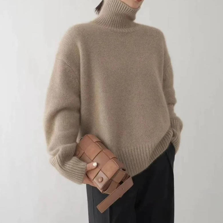 Gray soft knit turtleneck sweater with loose fit, front view