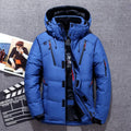 Insulated winter parka in blue, waterproof windproof hooded shell, front view.