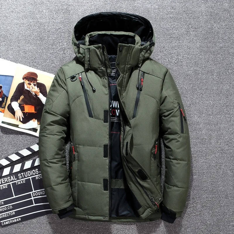 Insulated winter parka in army green, waterproof windproof hooded shell, front view.