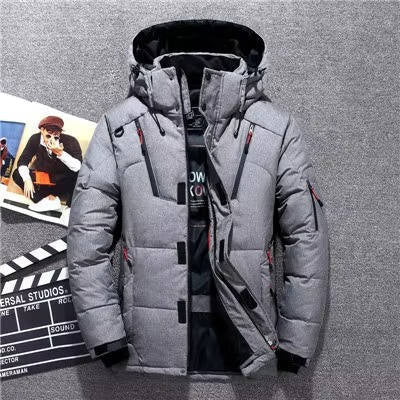 Insulated winter parka in gray, waterproof windproof hooded shell, front view.
