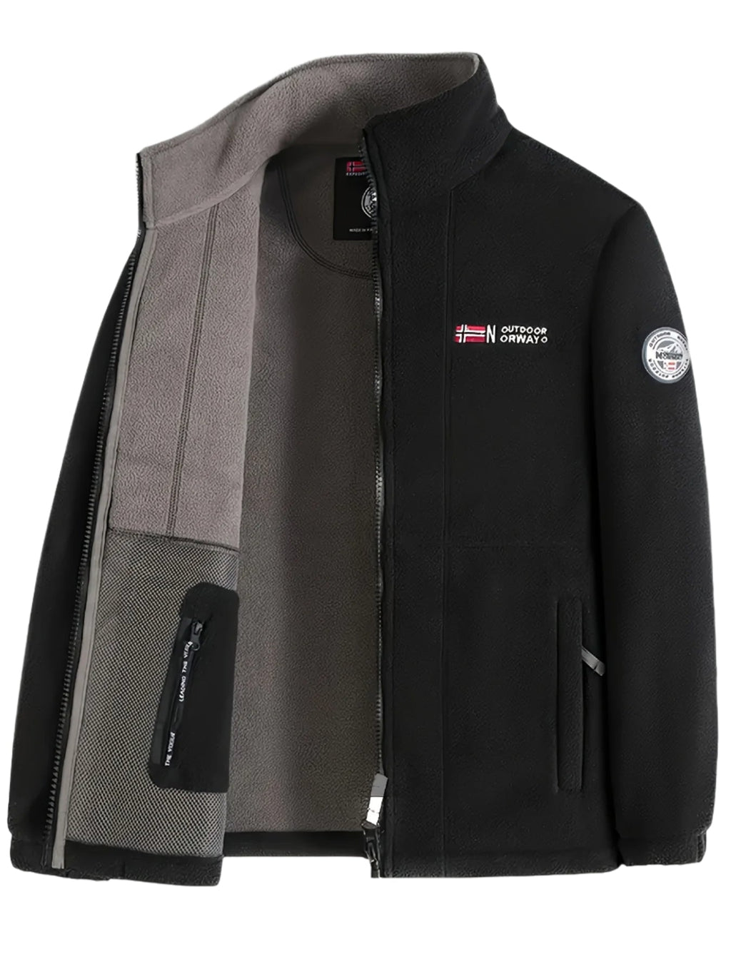 Fleece jacket high collar outdoor in navy, red, khaki, grey and black, alternative product view.