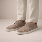 Suede-look lace-up loafers detail view of the lace closure, available in beige and black.